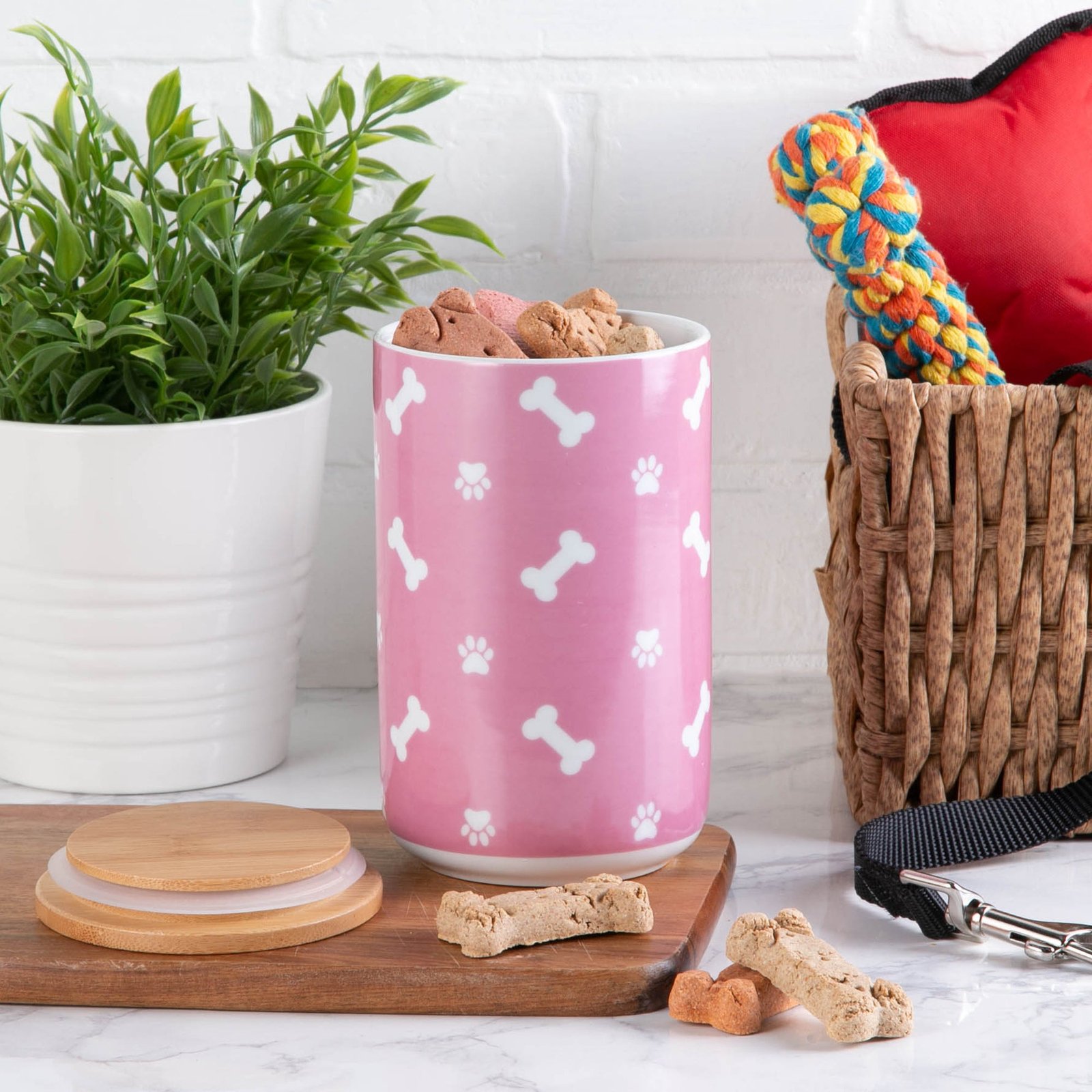 rose bone & paw print pet treat canister 4.5 cup capacity