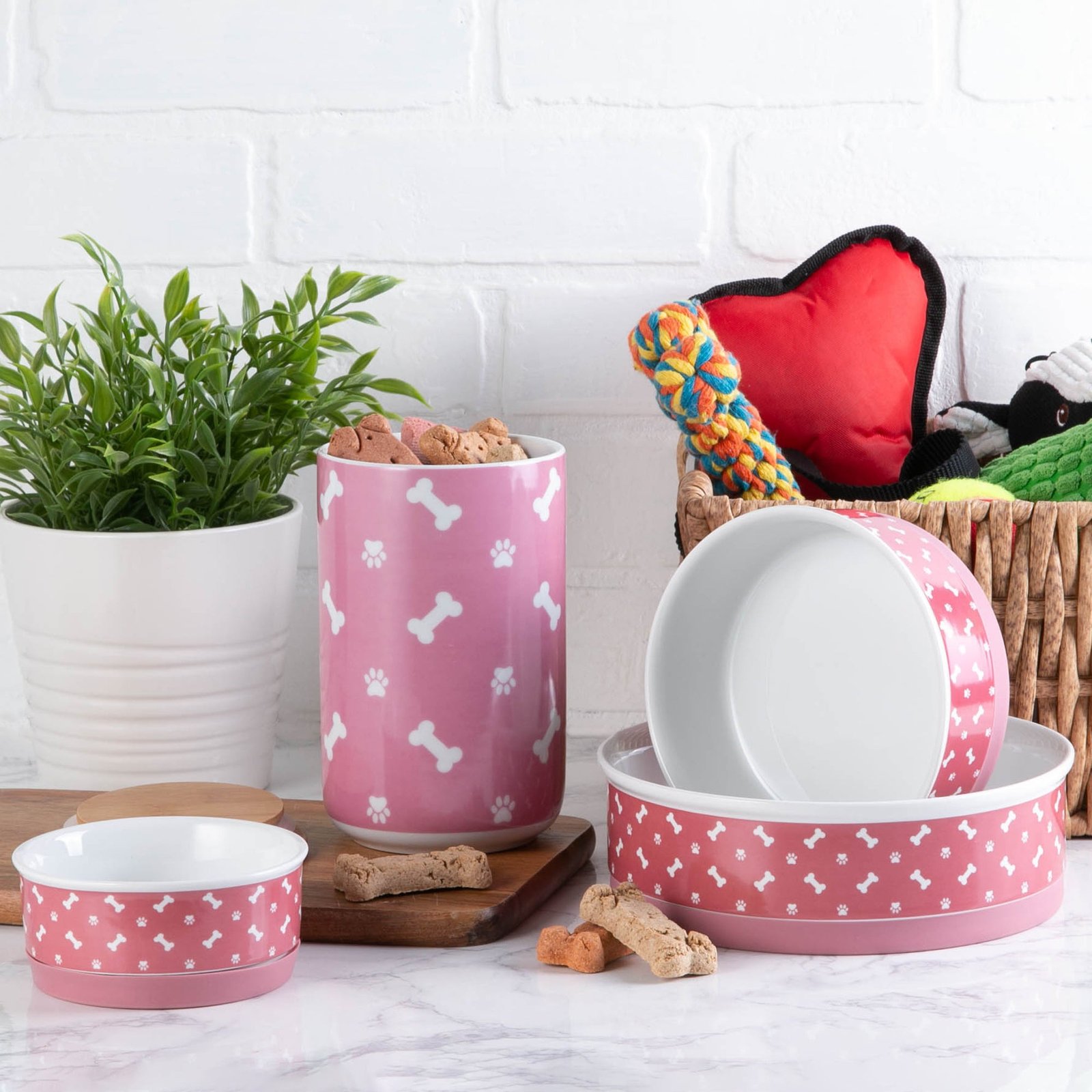 rose bone & paw print pet treat canister 4.5 cup capacity