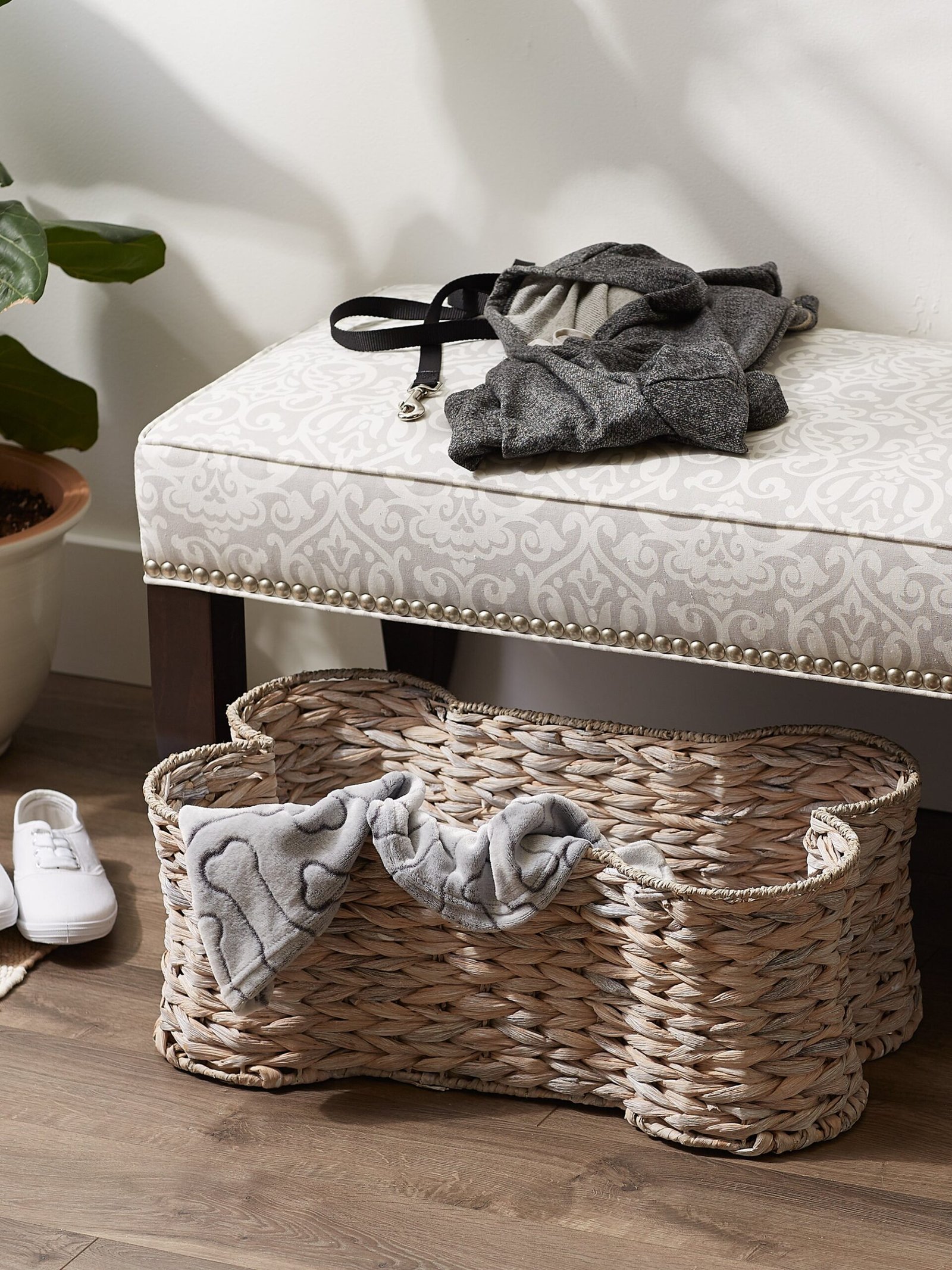 bone dry hyacinth pet storage basket, bone shaped, white wash, large 24x15x9"