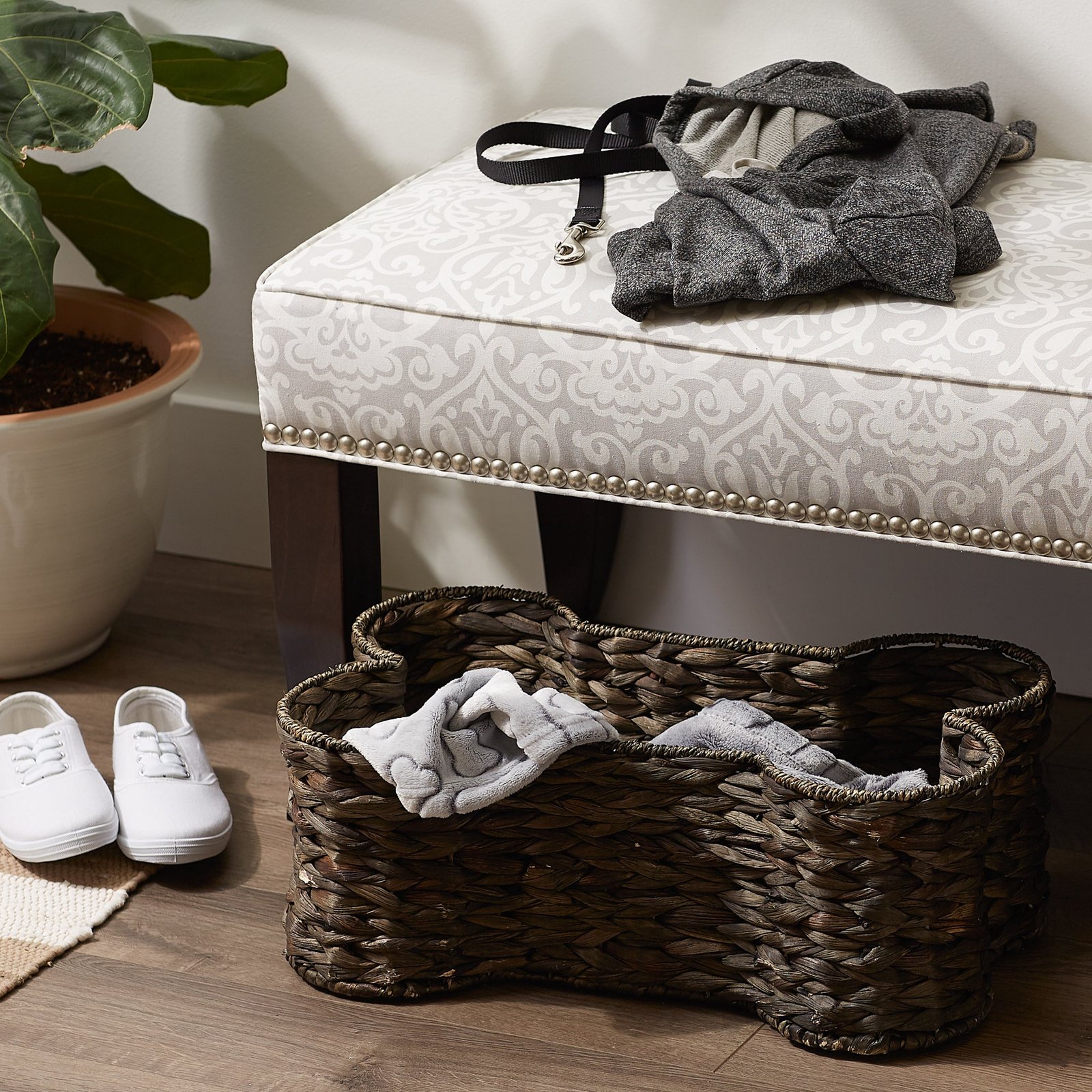 hyacinth pet storage basket, bone shaped, dark brown, medium 21x13x8"