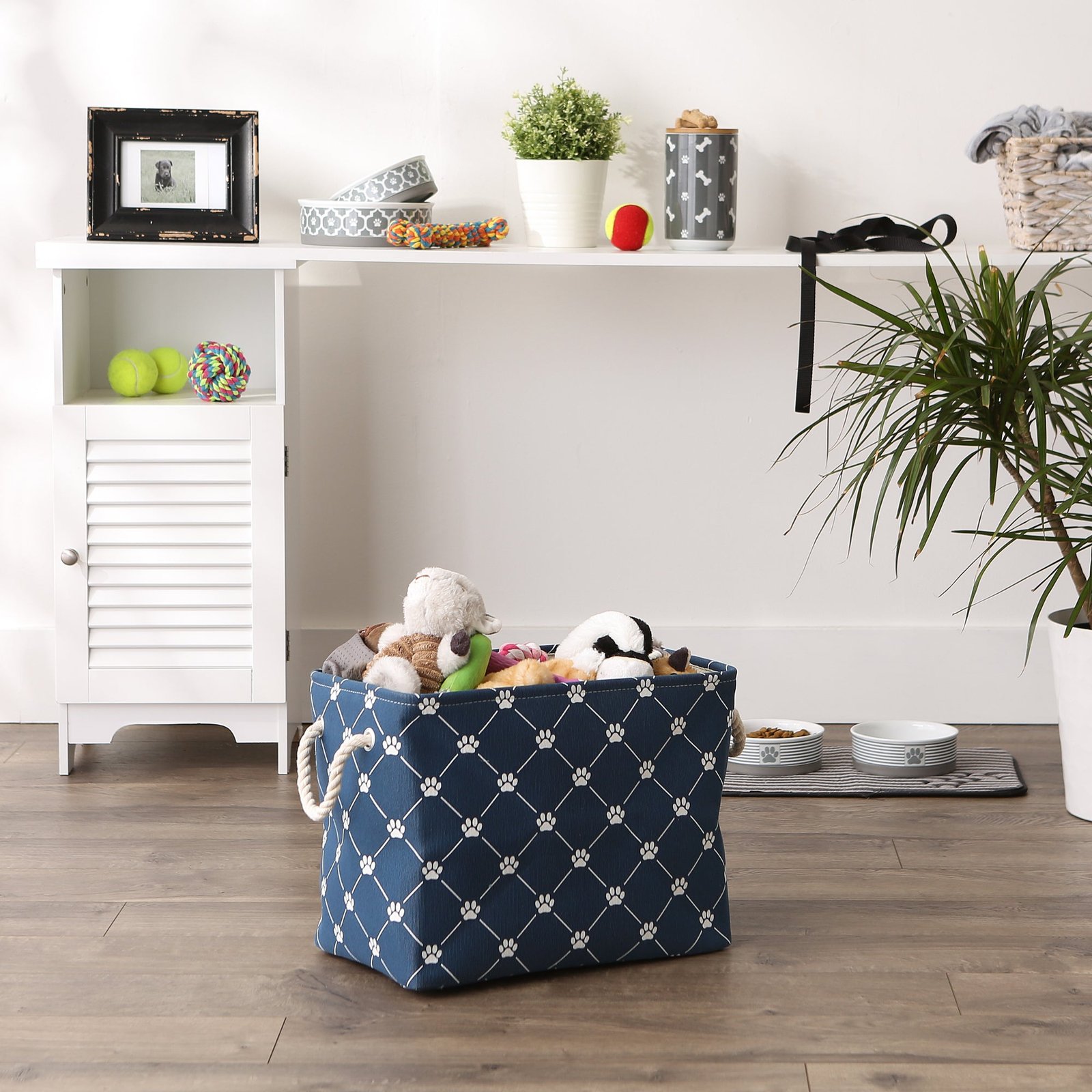 bone dry collapsible pet storage bin, trellis paw print, navy, medium 16x10x12"