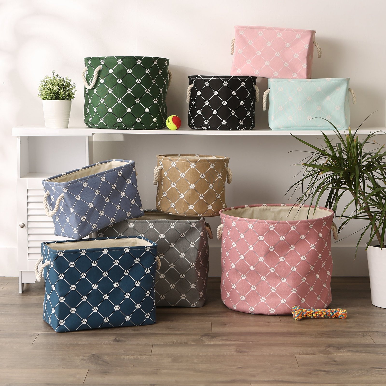 bone dry collapsible pet storage bin, trellis paw print, navy, medium 16x10x12"