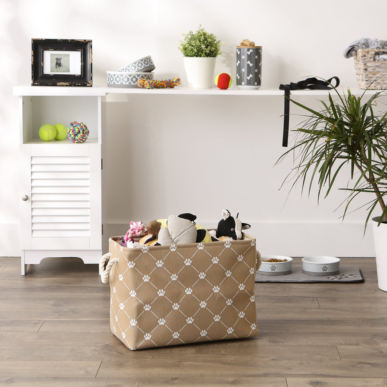 collapsible pet storage bin, trellis paw print, taupe, medium 16x10x12"