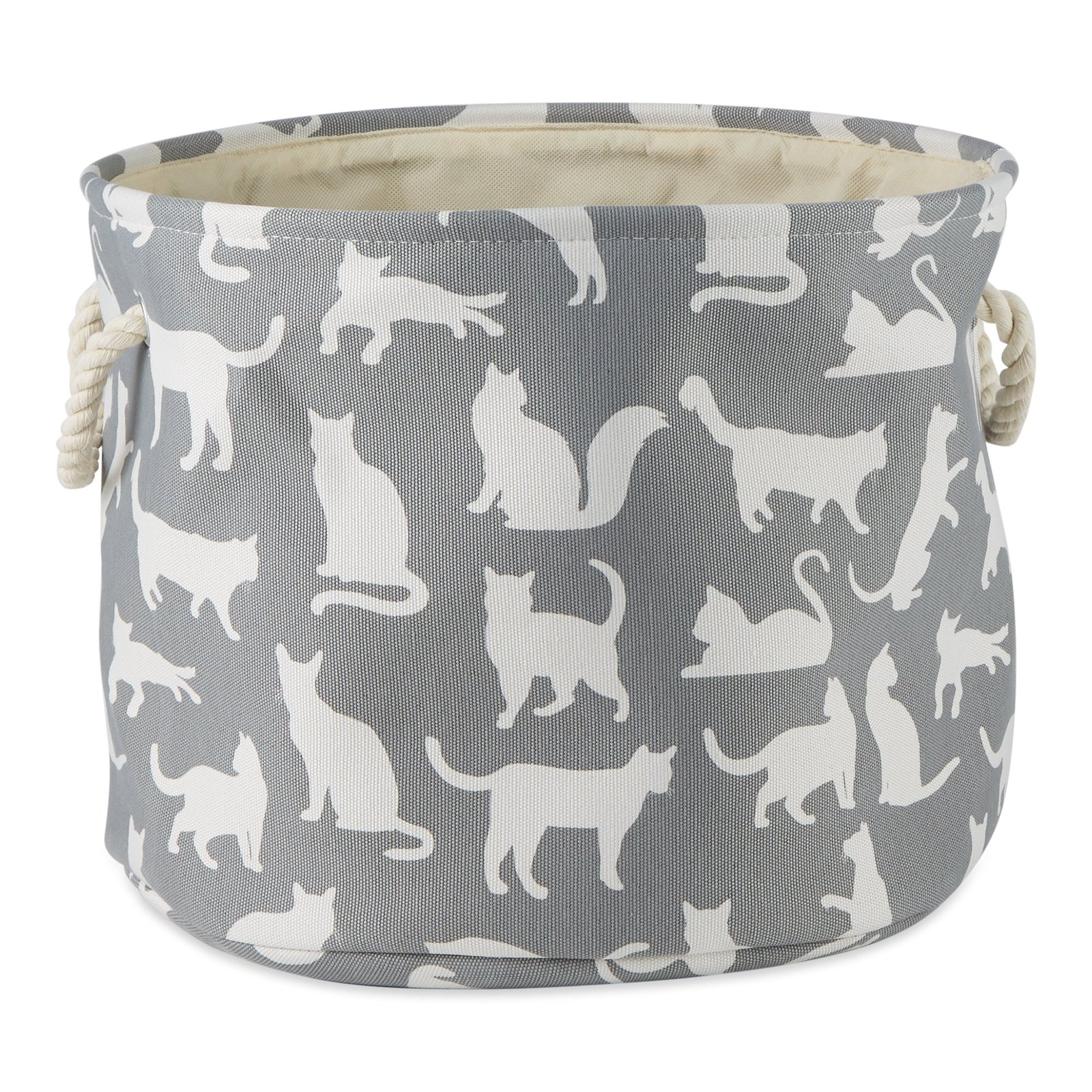 collapsible pet storage bin, cat's meow print, gray, small round 9x12"