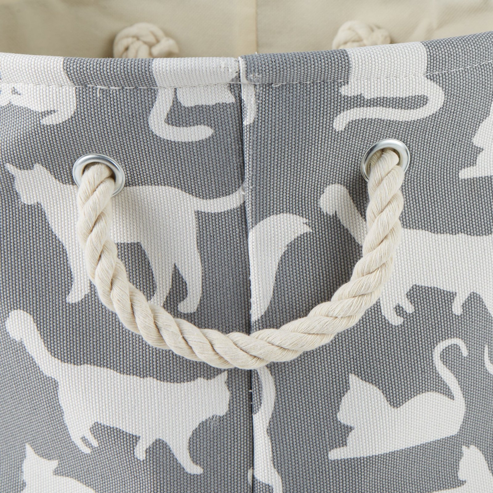 collapsible pet storage bin, cat's meow print, gray, small round 9x12"