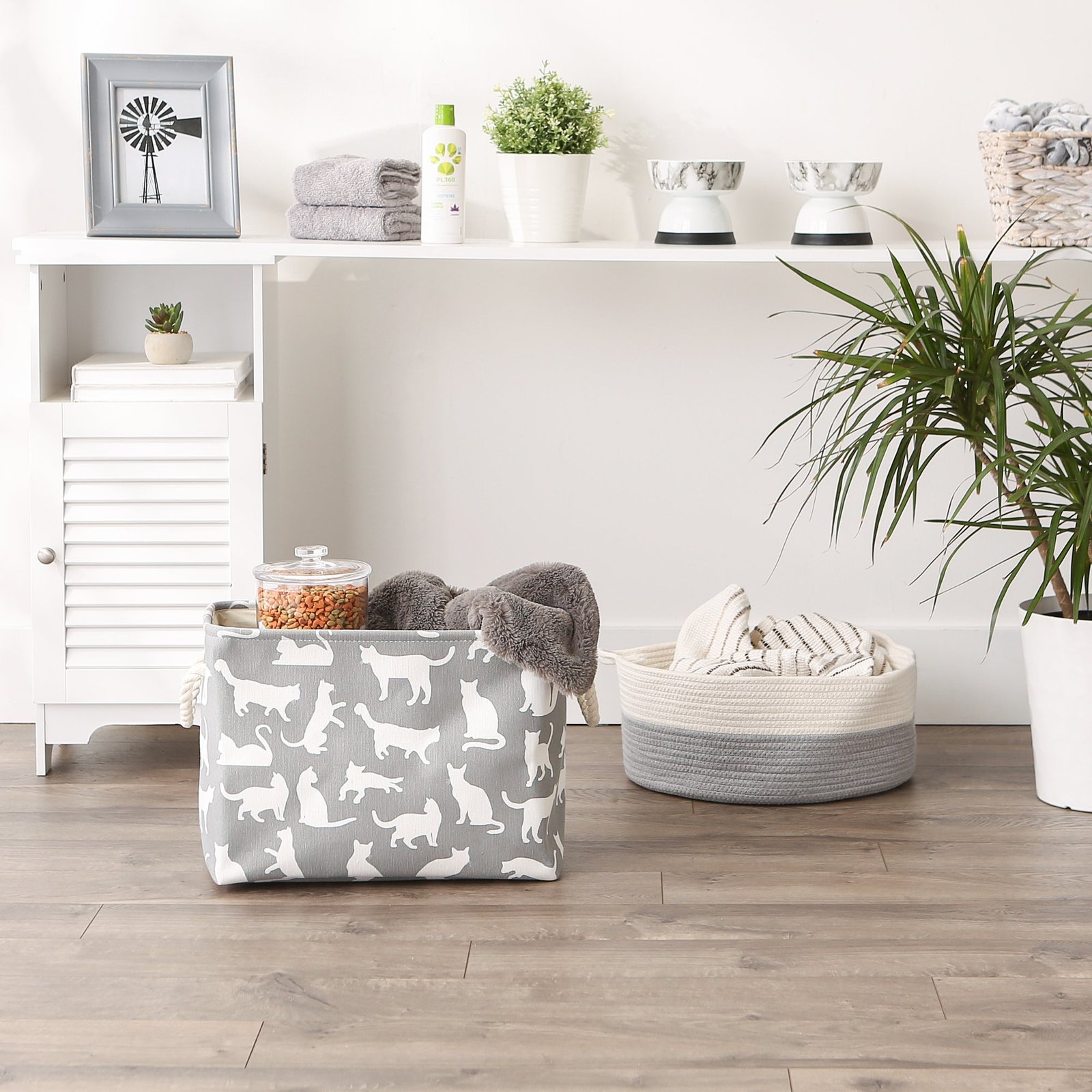 polyester pet bin cats meow gray rectangle medium 16x10x12