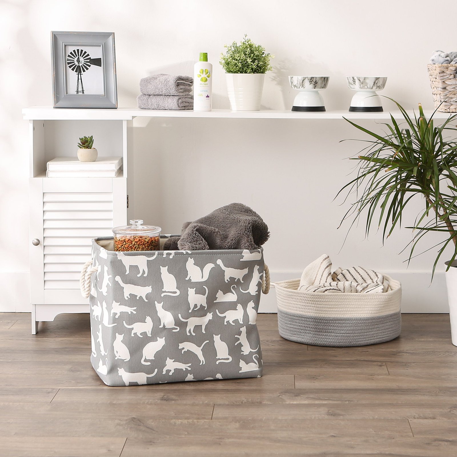 polyester pet bin cats meow gray rectangle large 17.5x12x15