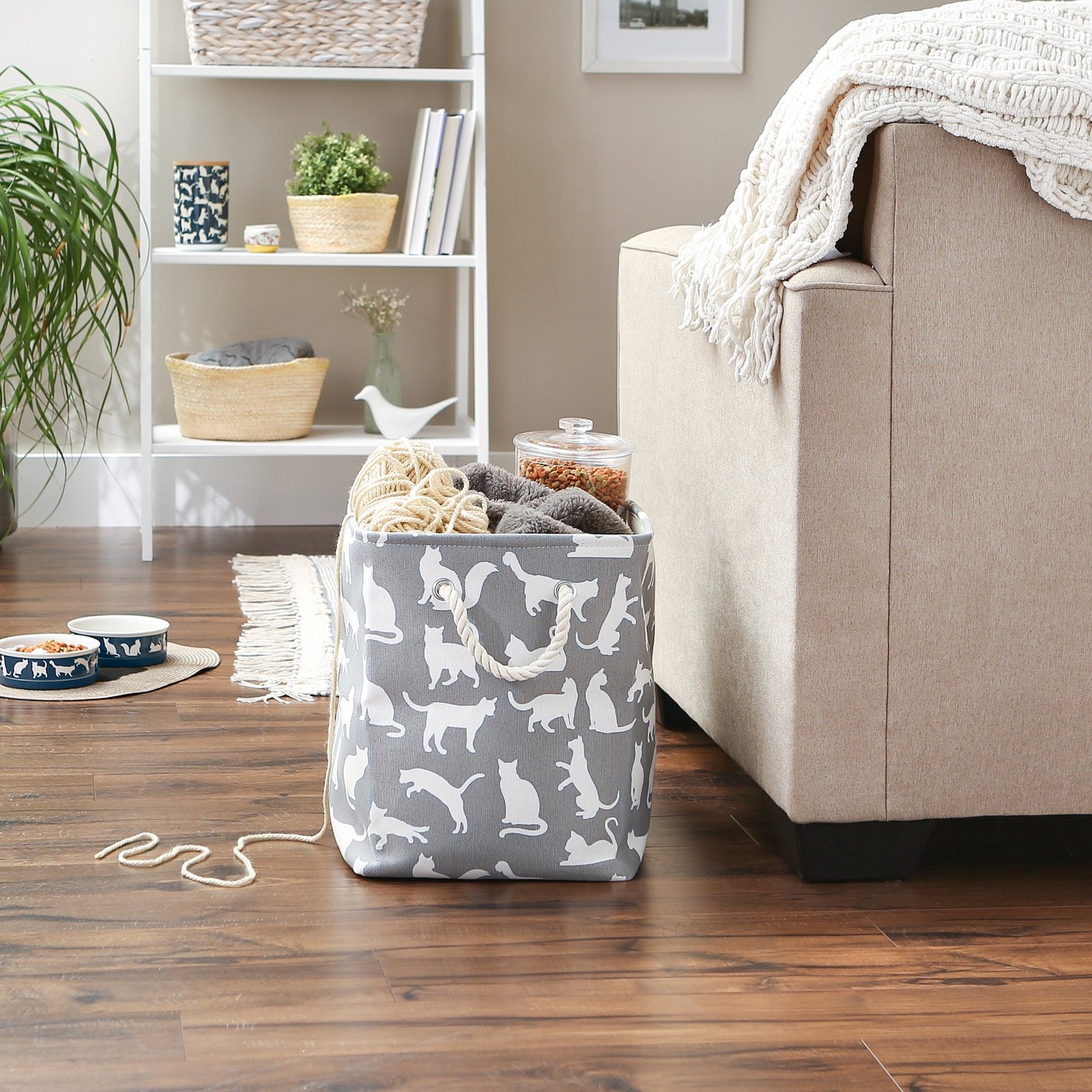 polyester pet bin cats meow gray rectangle large 17.5x12x15