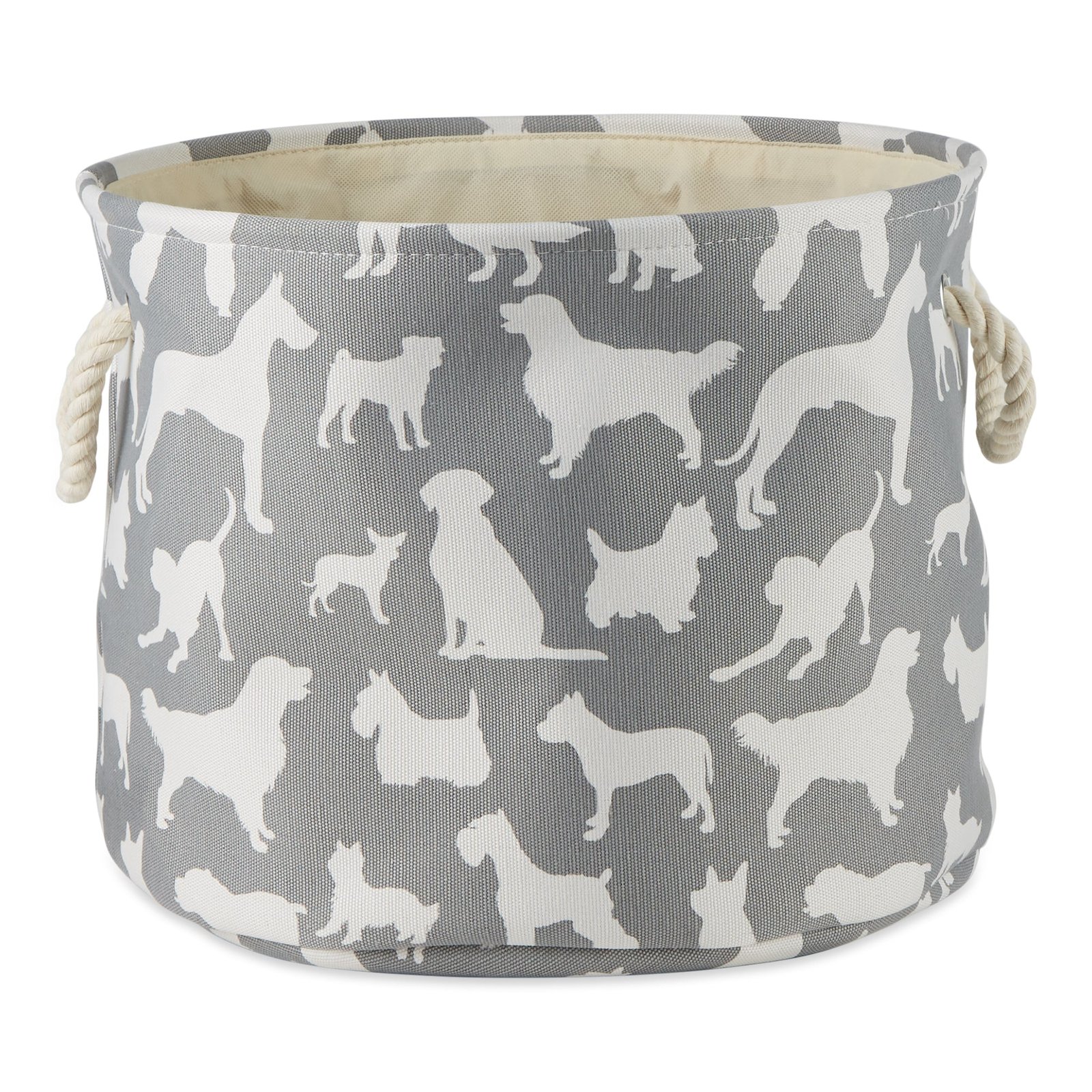 collapsible pet storage bin, dog show print, gray, small round 9x12"