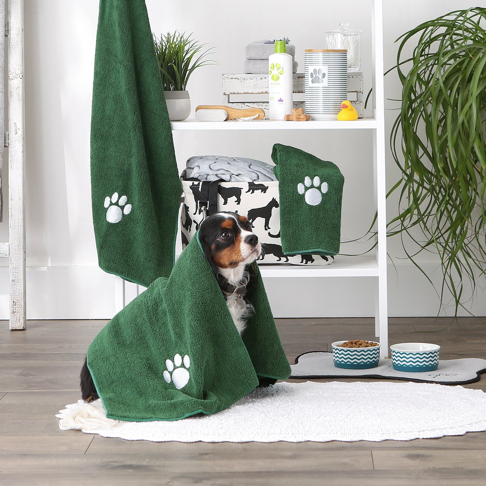 bone dry small pet towel set 3 pack embroidered paw, hunter green, 15x30"