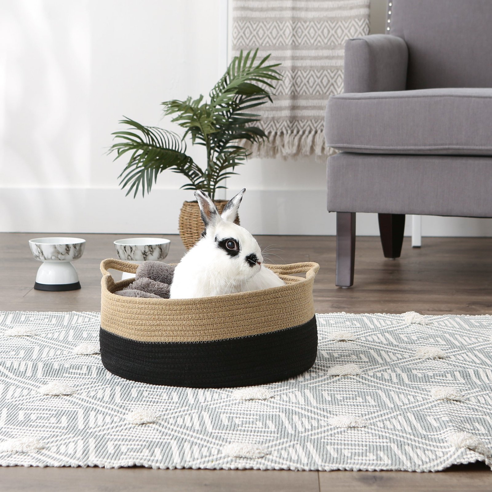 pet storage basket, woven cotton cat ears, beige/black 15.75x6.25"