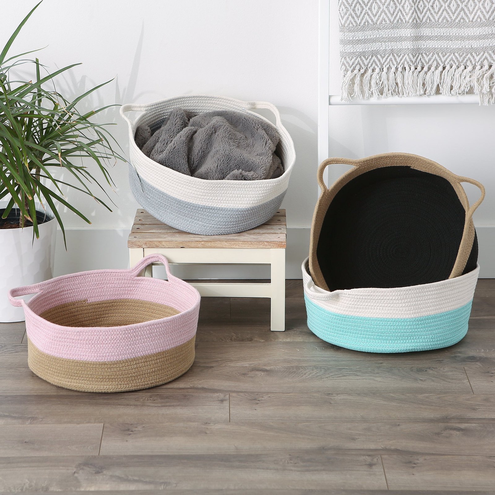 pet storage basket, woven cotton cat ears, beige/black 15.75x6.25"