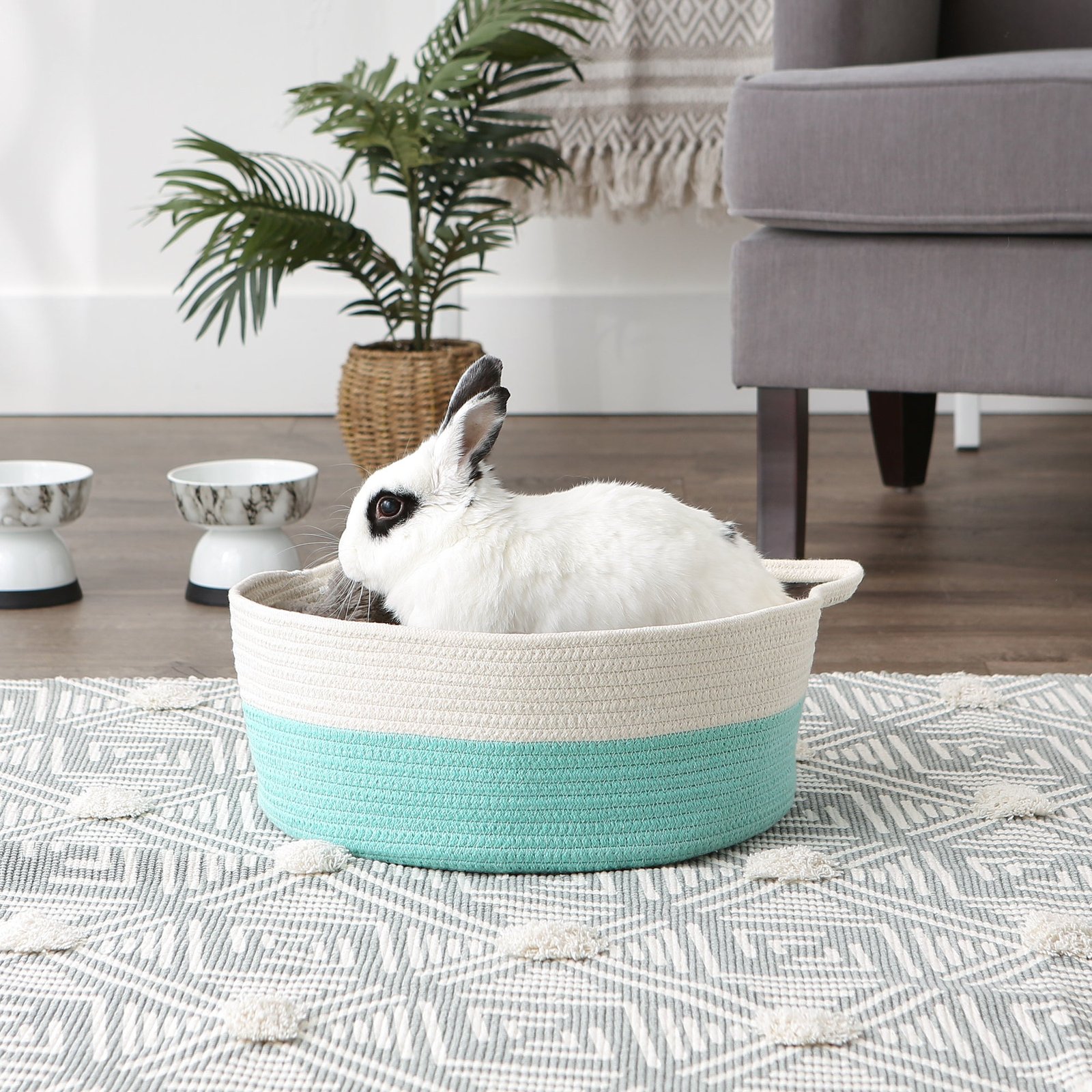 white & aqua cotton rope cat ears pet basket