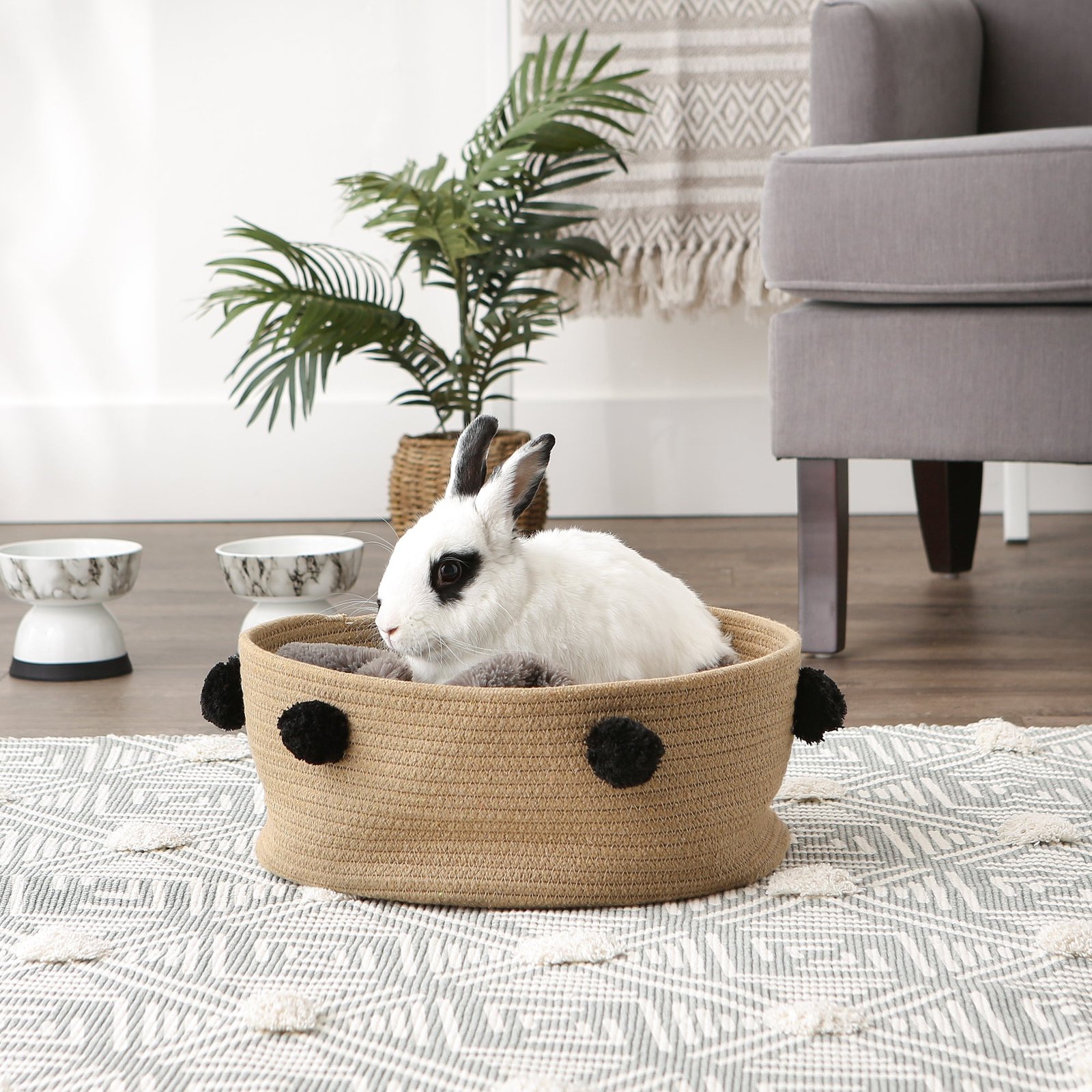 cotton pet storage basket, pom poms, beige/black 15.75x6.25"