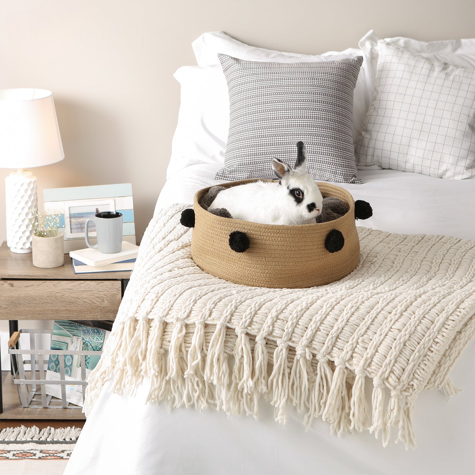 cotton pet storage basket, pom poms, beige/black 15.75x6.25"