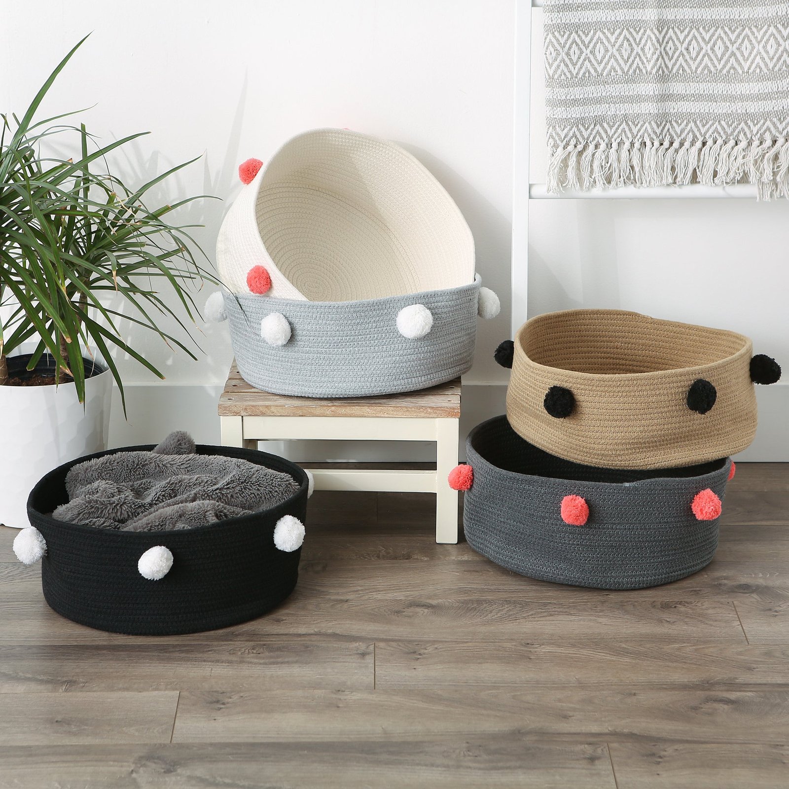 cotton pet storage basket, pom poms, black/white 15.75x6.25"