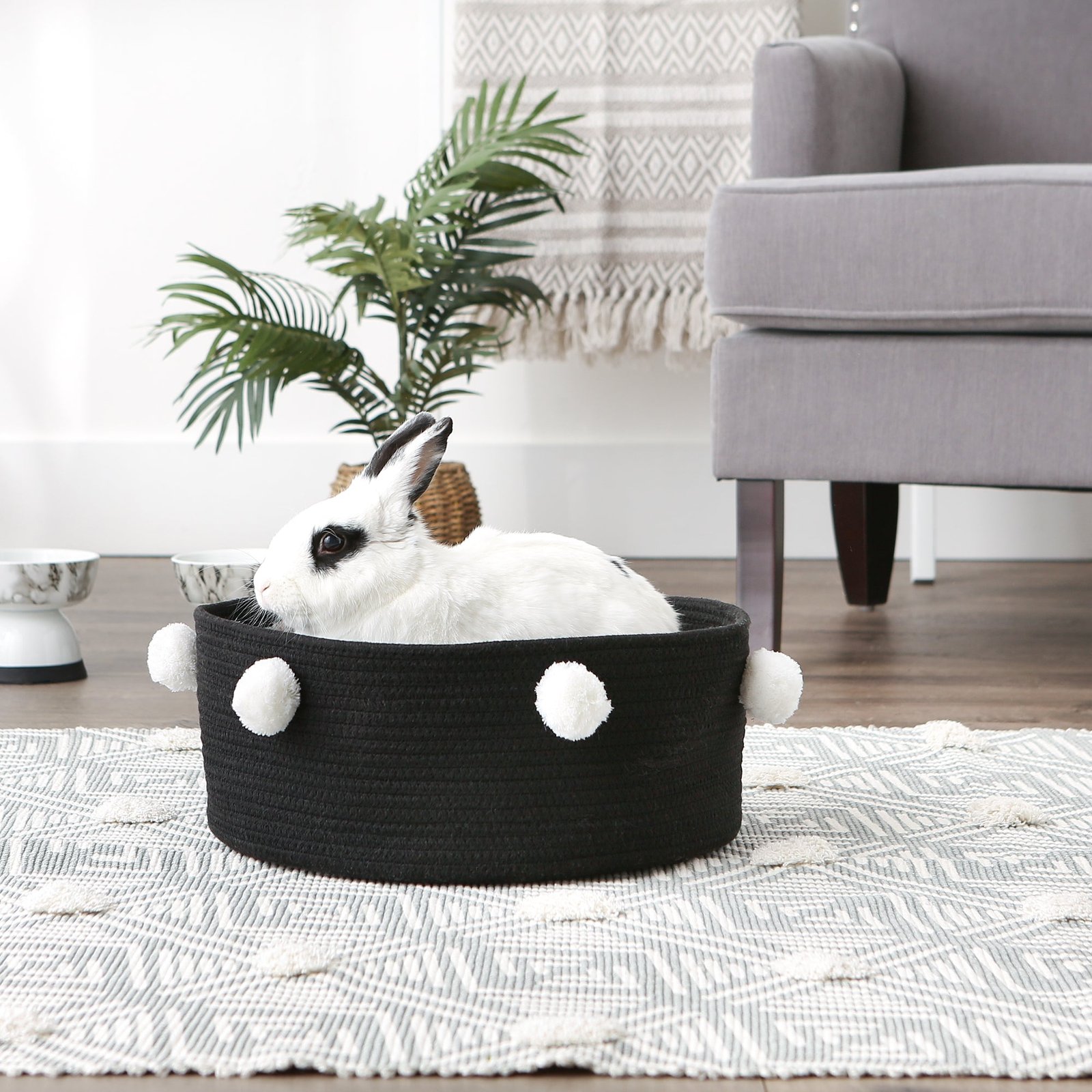 cotton pet storage basket, pom poms, black/white 15.75x6.25"