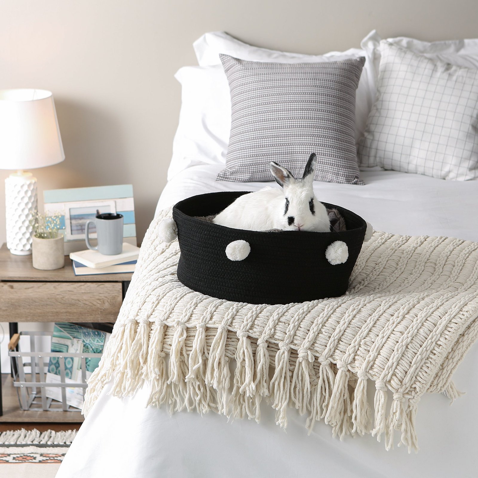 cotton pet storage basket, pom poms, black/white 15.75x6.25"