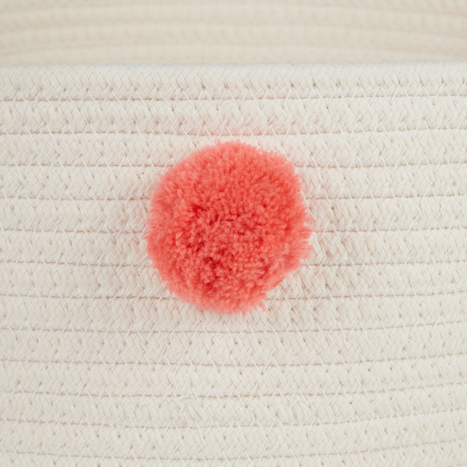 cotton pet storage basket, pom poms, white/pink 15.75x6.25"