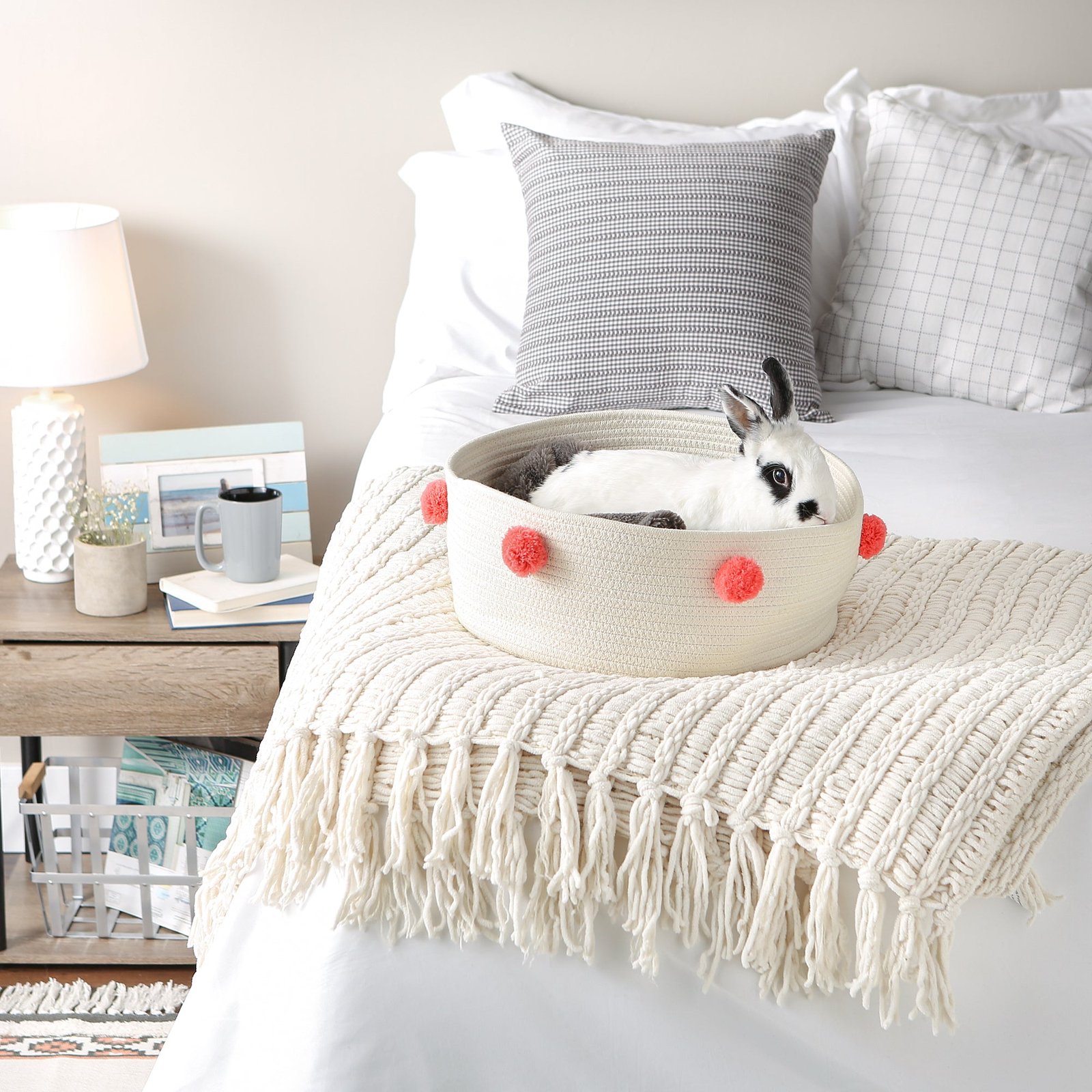 cotton pet storage basket, pom poms, white/pink 15.75x6.25"