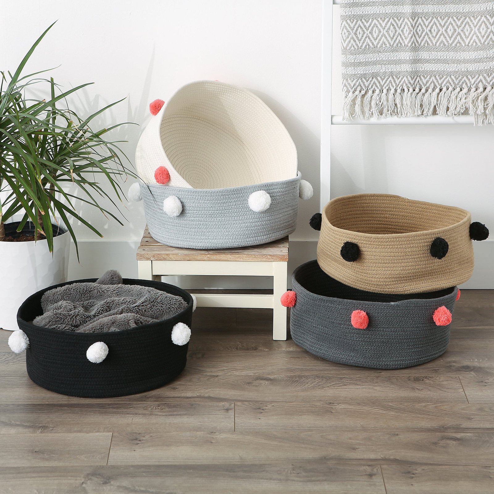 cotton pet storage basket, pom poms, white/pink 15.75x6.25"