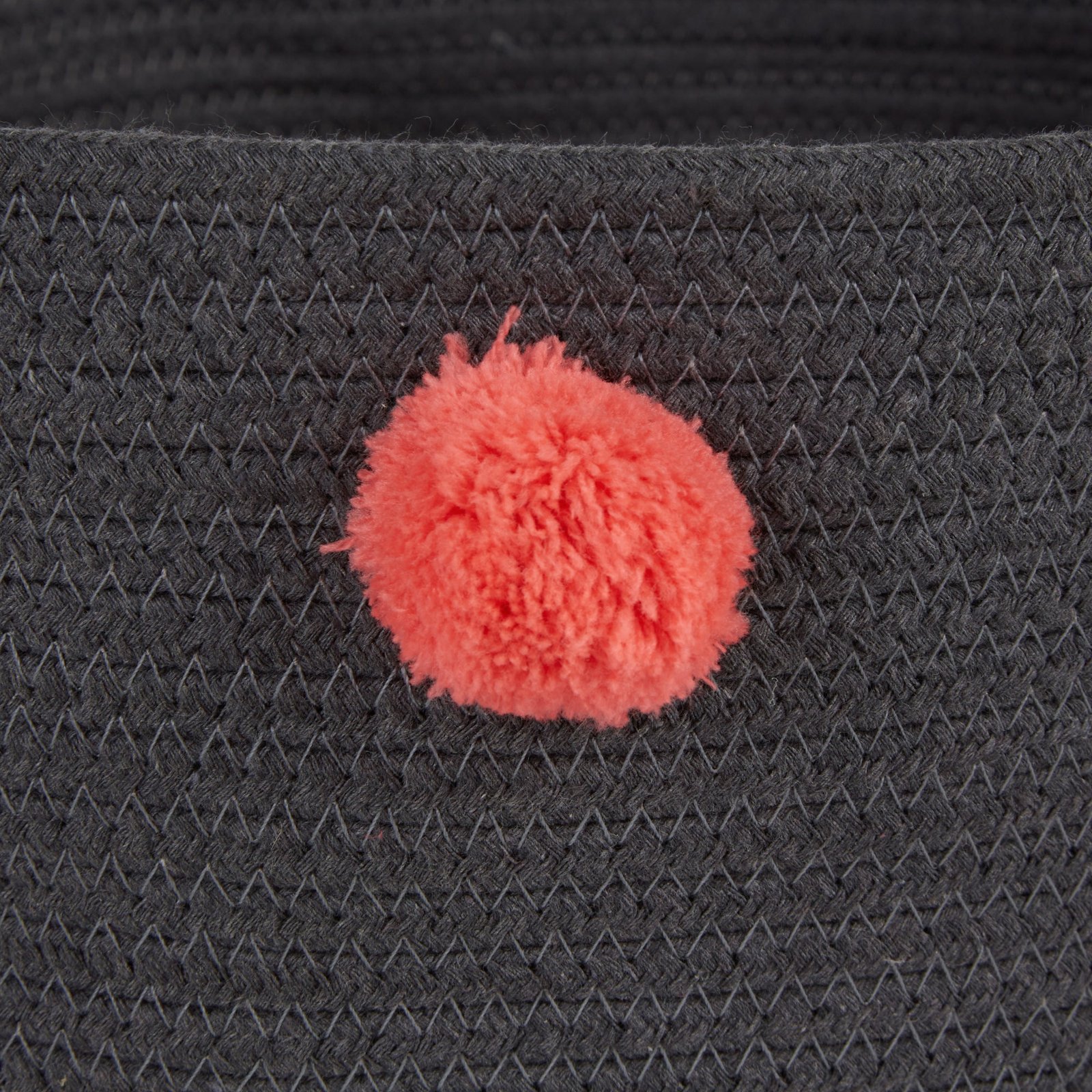 bone dry cotton pet storage basket, pom poms, dark gray/pink 15.75x6.25"