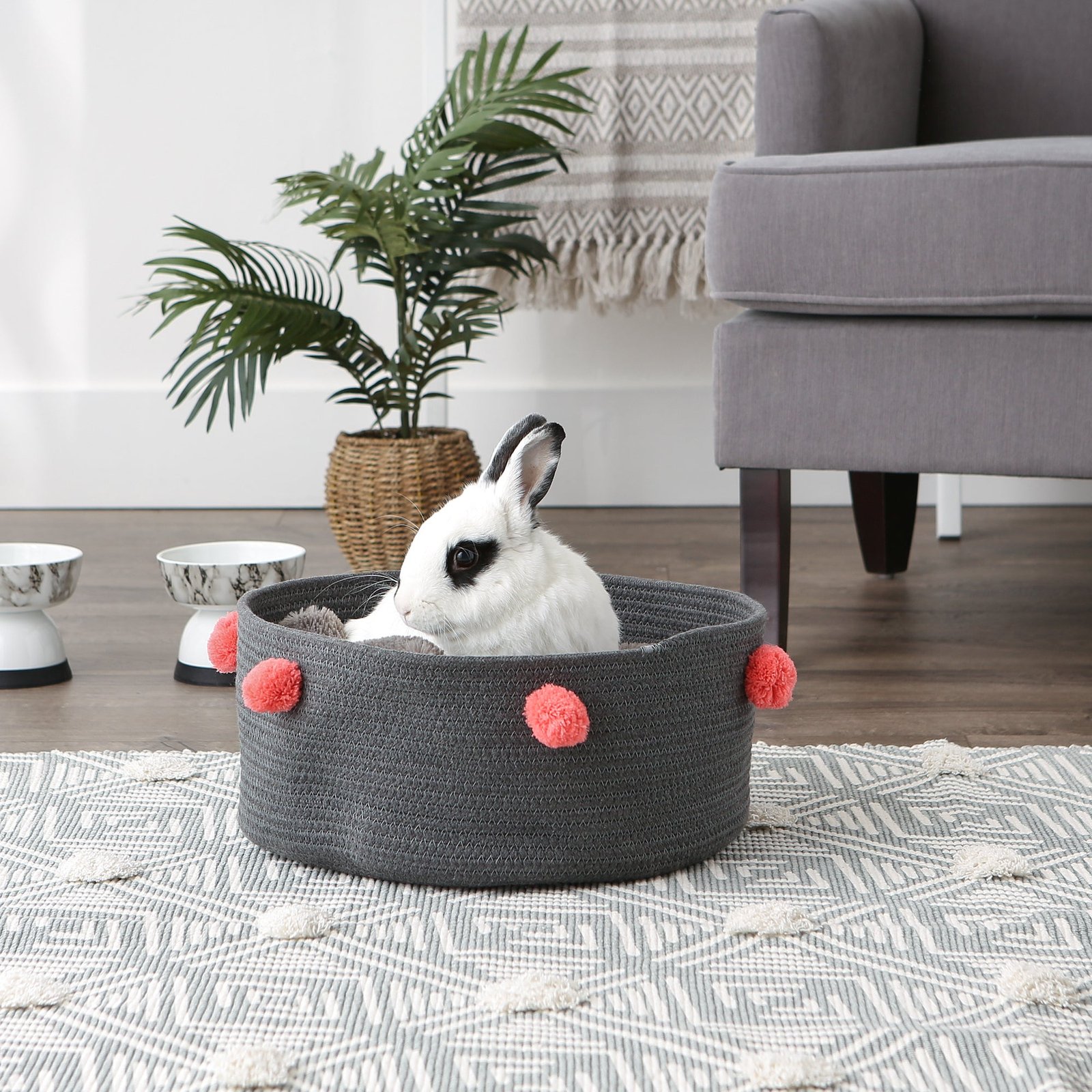 bone dry cotton pet storage basket, pom poms, dark gray/pink 15.75x6.25"