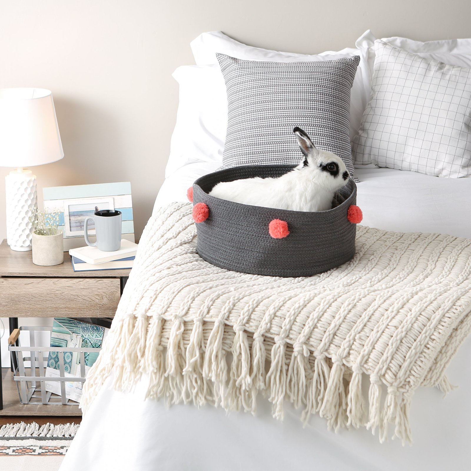 bone dry cotton pet storage basket, pom poms, dark gray/pink 15.75x6.25"