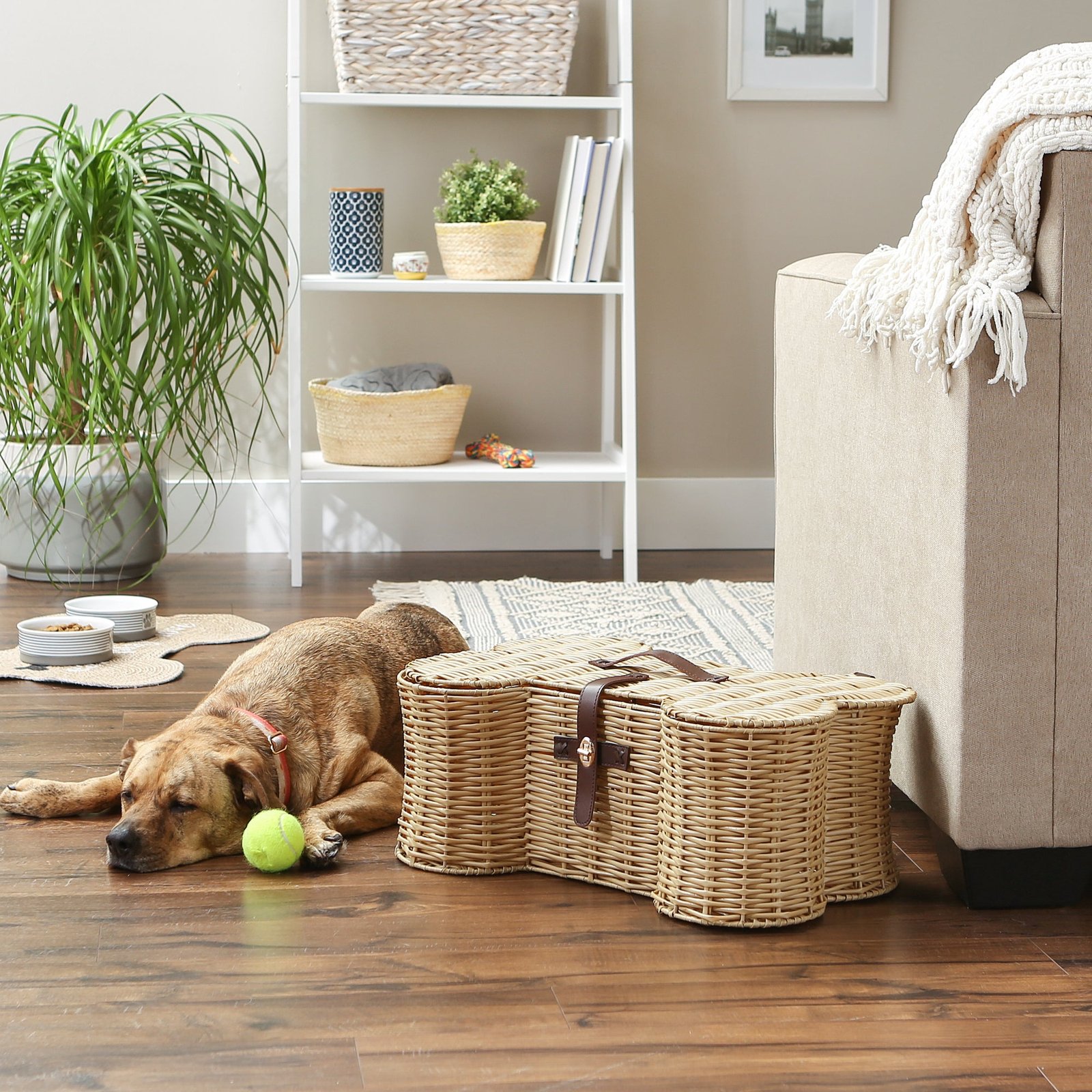 bone dry pet toy storage basket, bone shaped, beige 21x13x8"