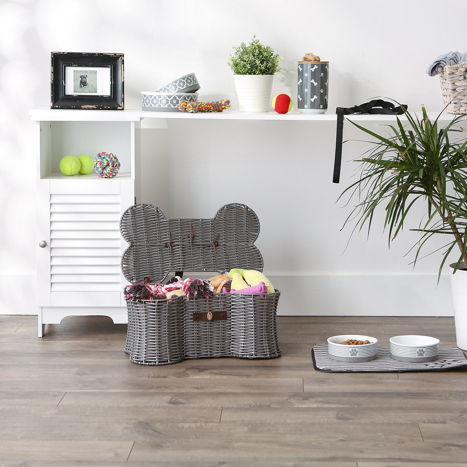 bone dry pet toy storage basket, bone shaped, gray, small 17.5x11x7.5"