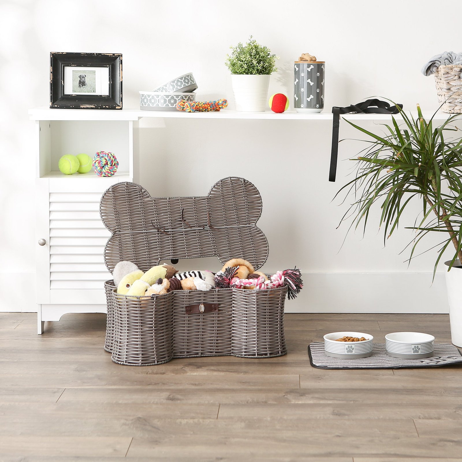 bone dry pet toy storage basket, bone shaped, gray, medium 21x13x8"