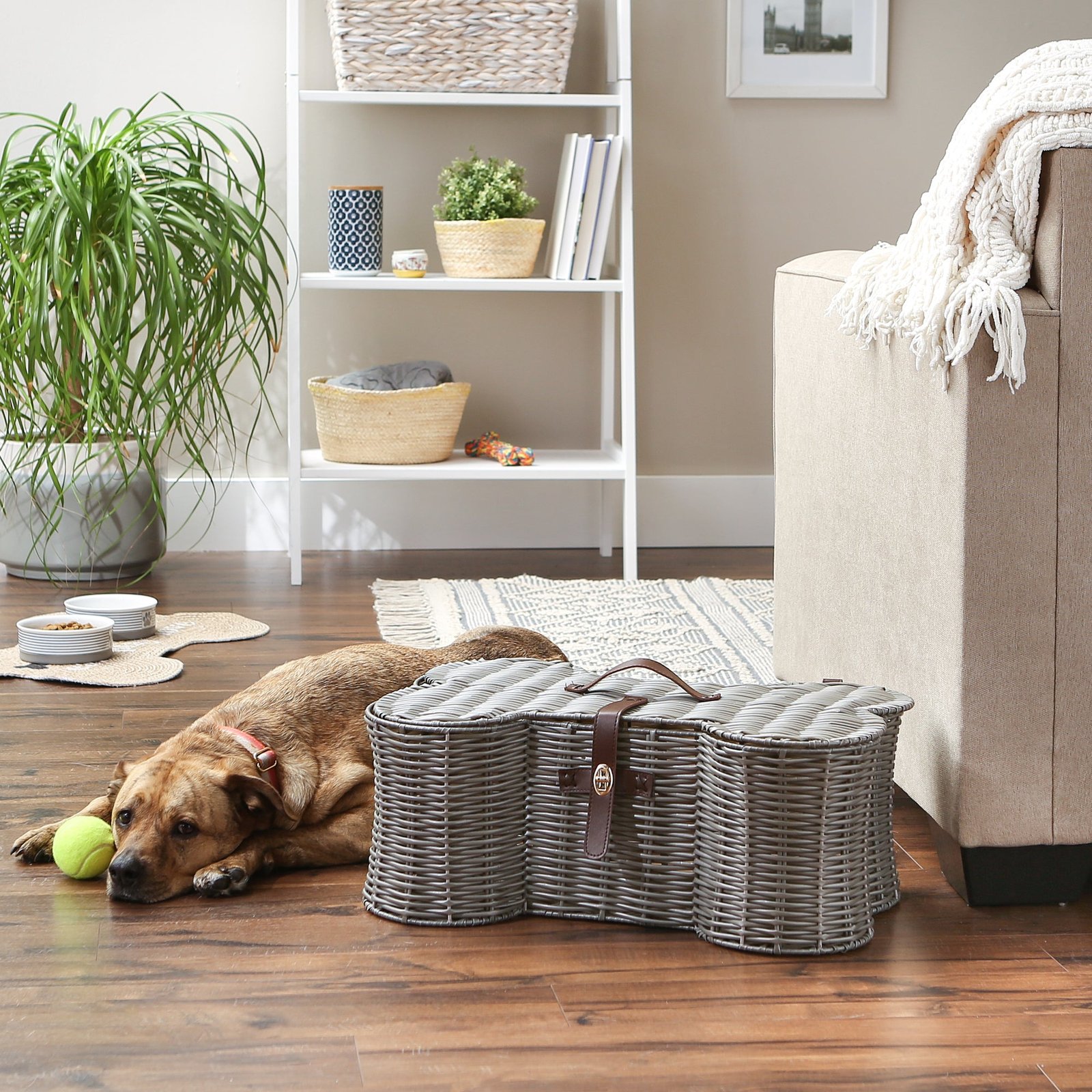 bone dry pet toy storage basket, bone shaped, gray, medium 21x13x8"