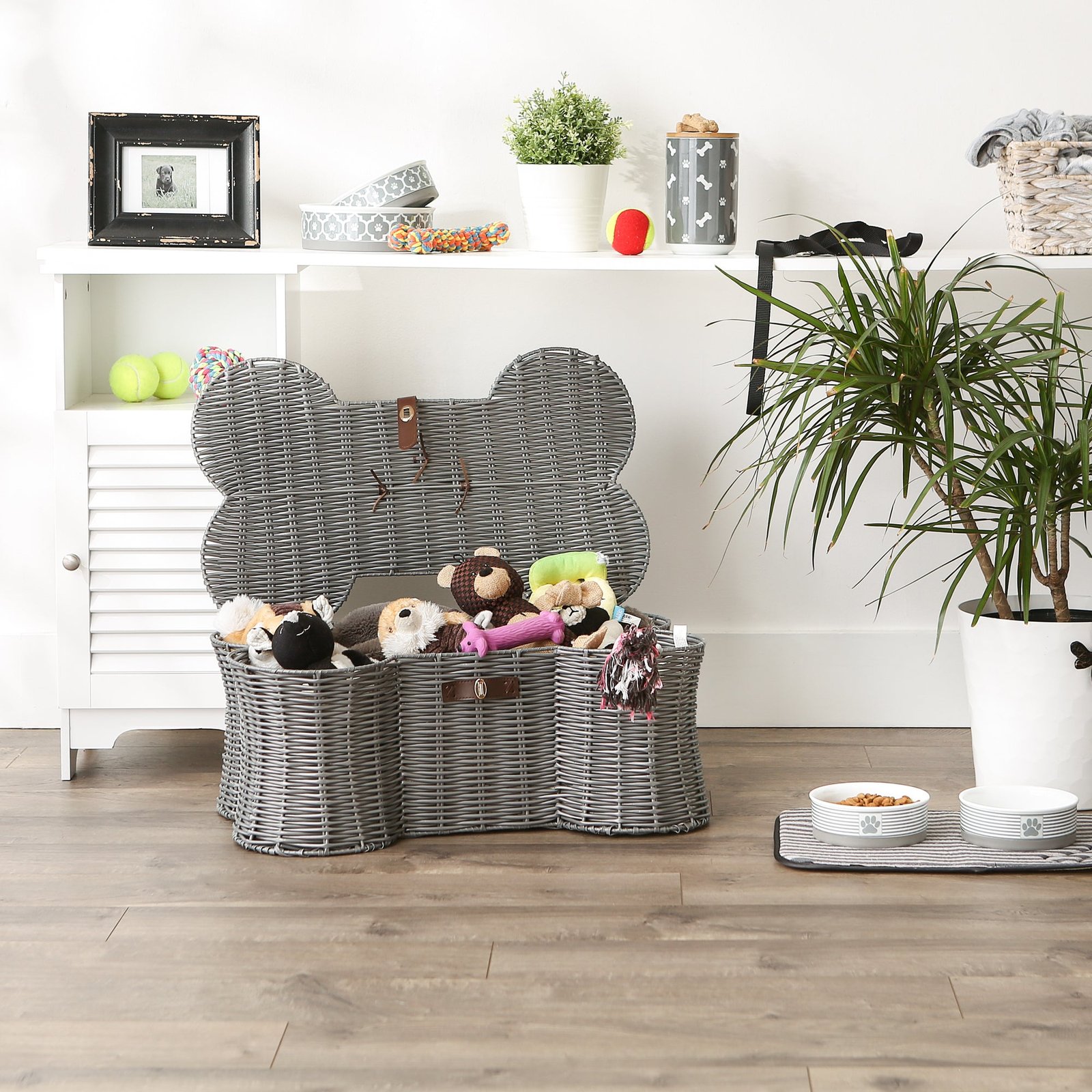 bone dry pet toy storage basket, bone shaped, gray, large 24x15x9"