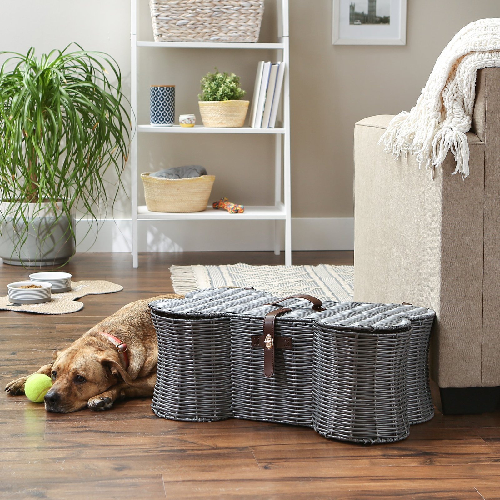 bone dry pet toy storage basket, bone shaped, gray, large 24x15x9"