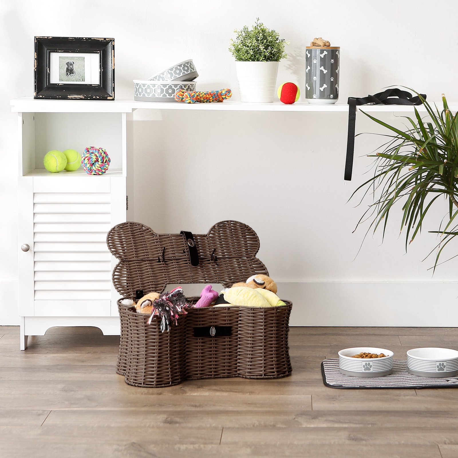 bone dry pet toy storage basket, bone shaped, brown, small 17.5x11x7.5"