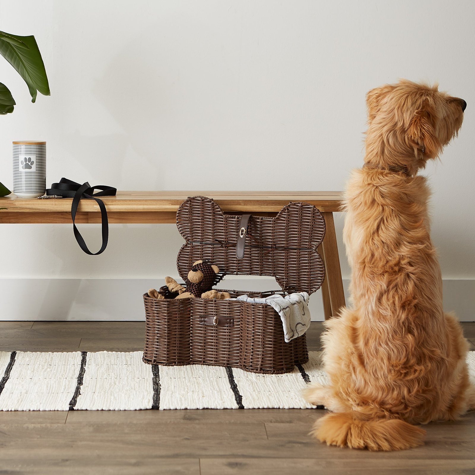 bone dry pet toy storage basket, bone shaped, brown, small 17.5x11x7.5"