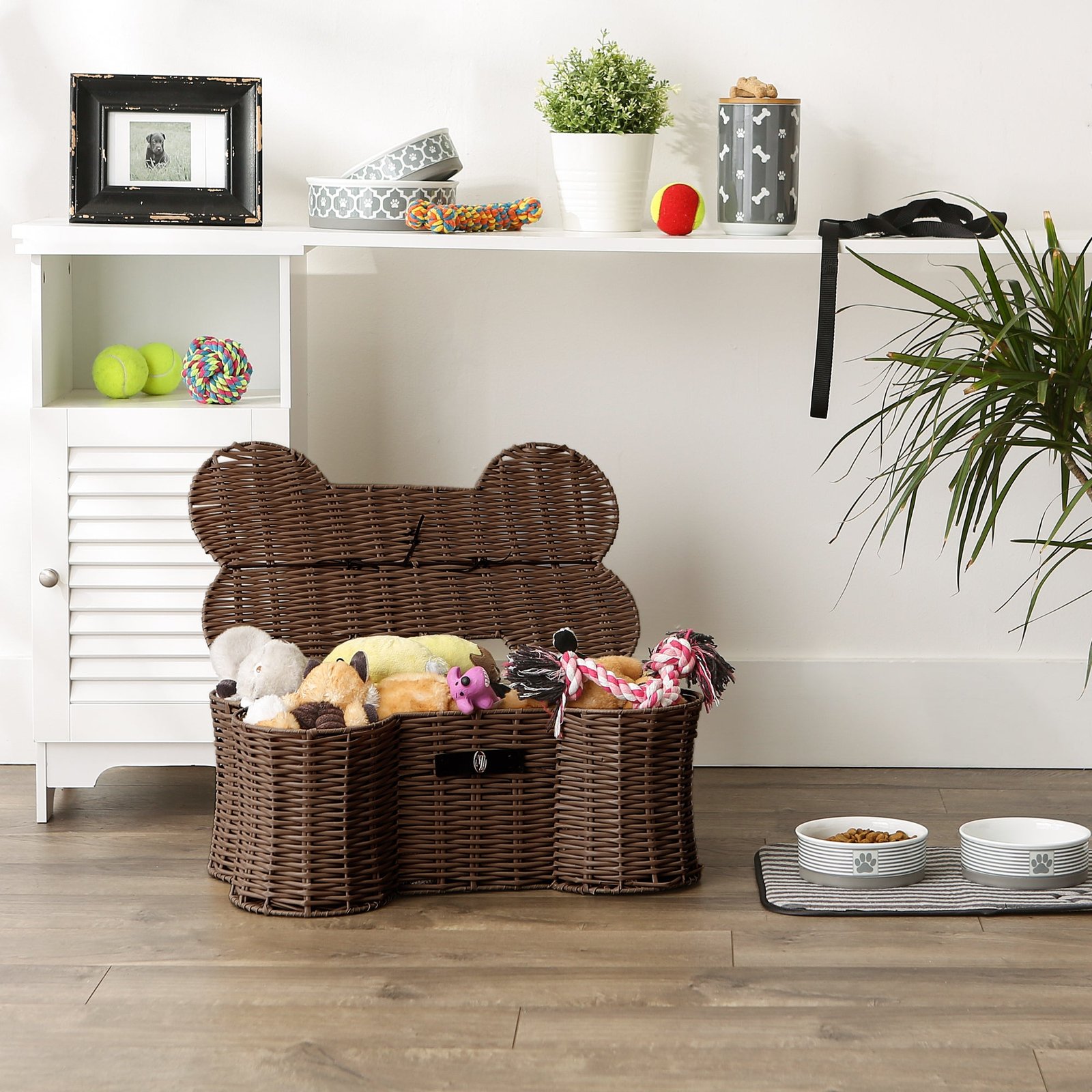 bone dry pet toy storage basket, bone shaped, brown, medium 21x13x8"