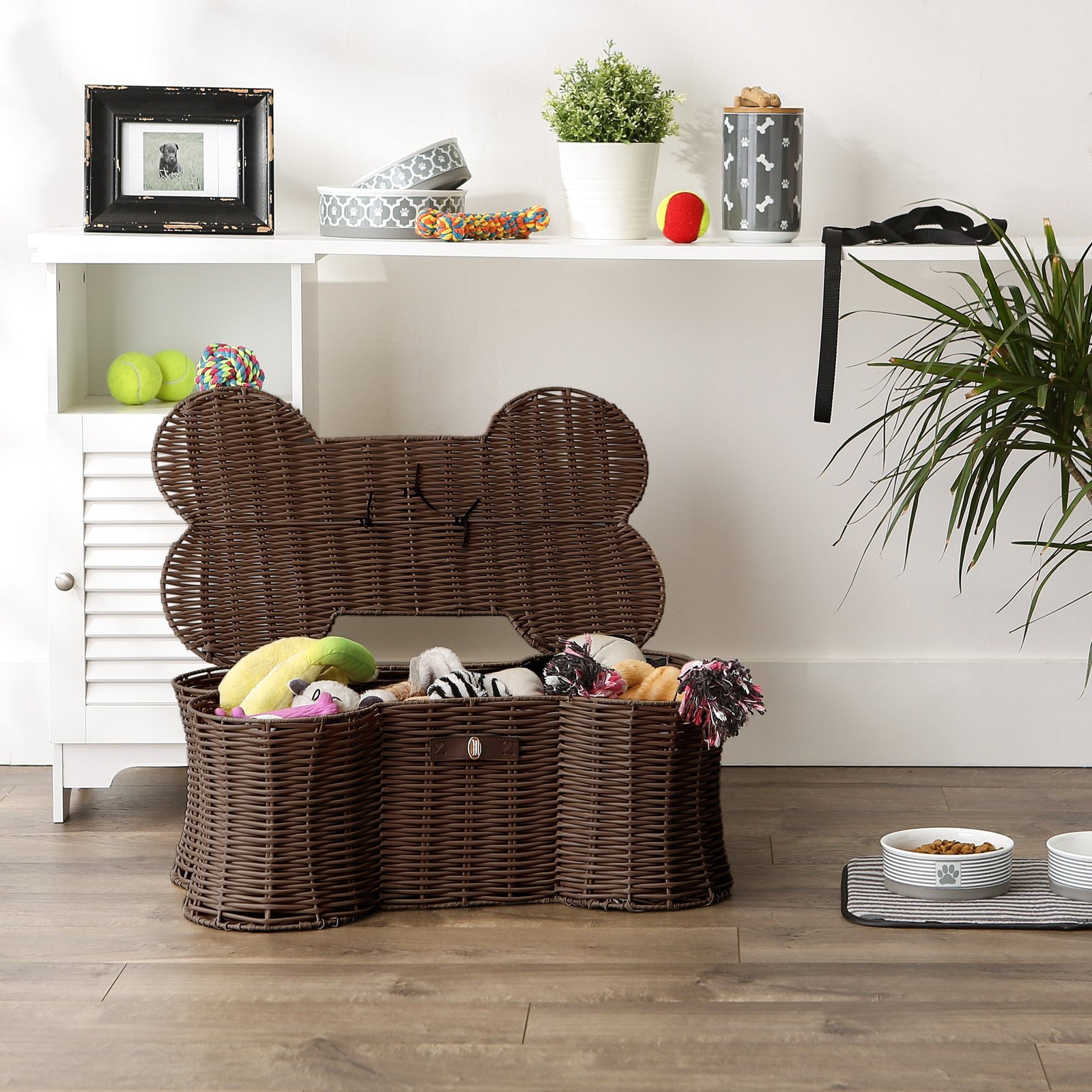 bone dry pet toy storage basket, bone shaped, brown, large 24x15x9"