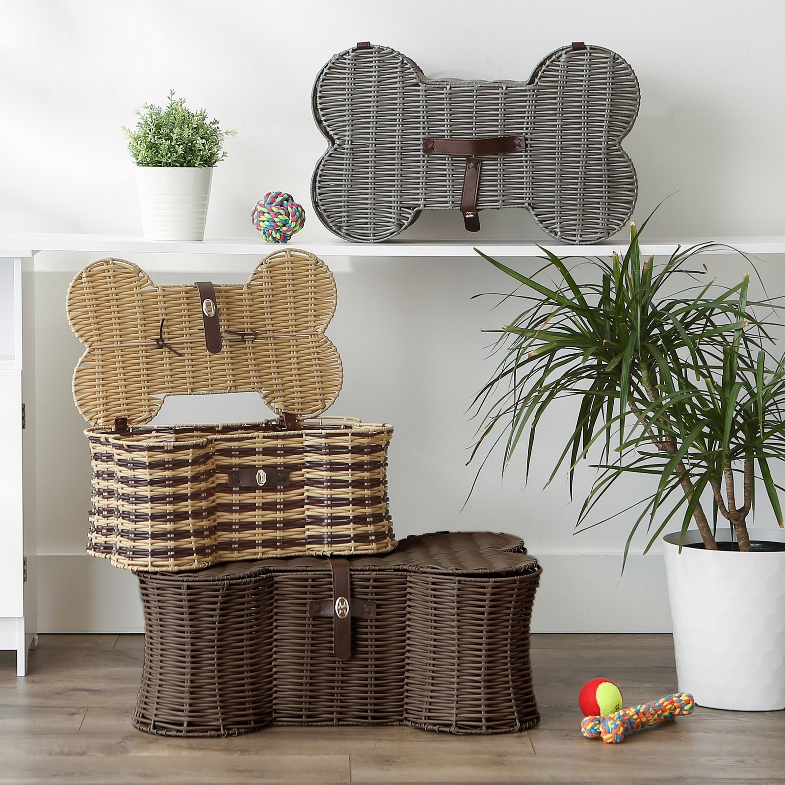 bone dry pet toy storage basket, bone shaped, brown, large 24x15x9"