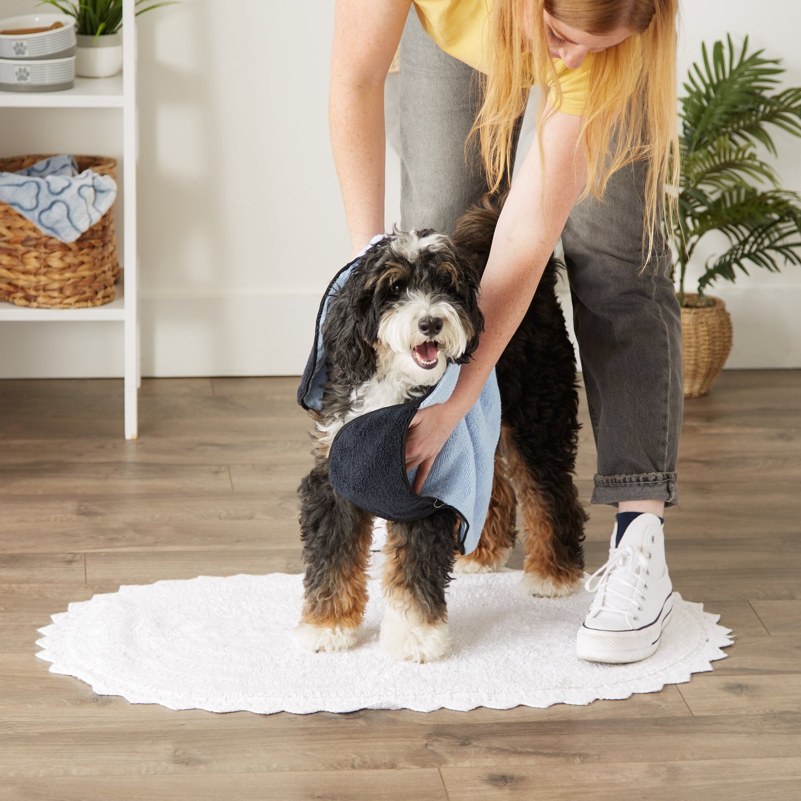 blue pet towel with pockets