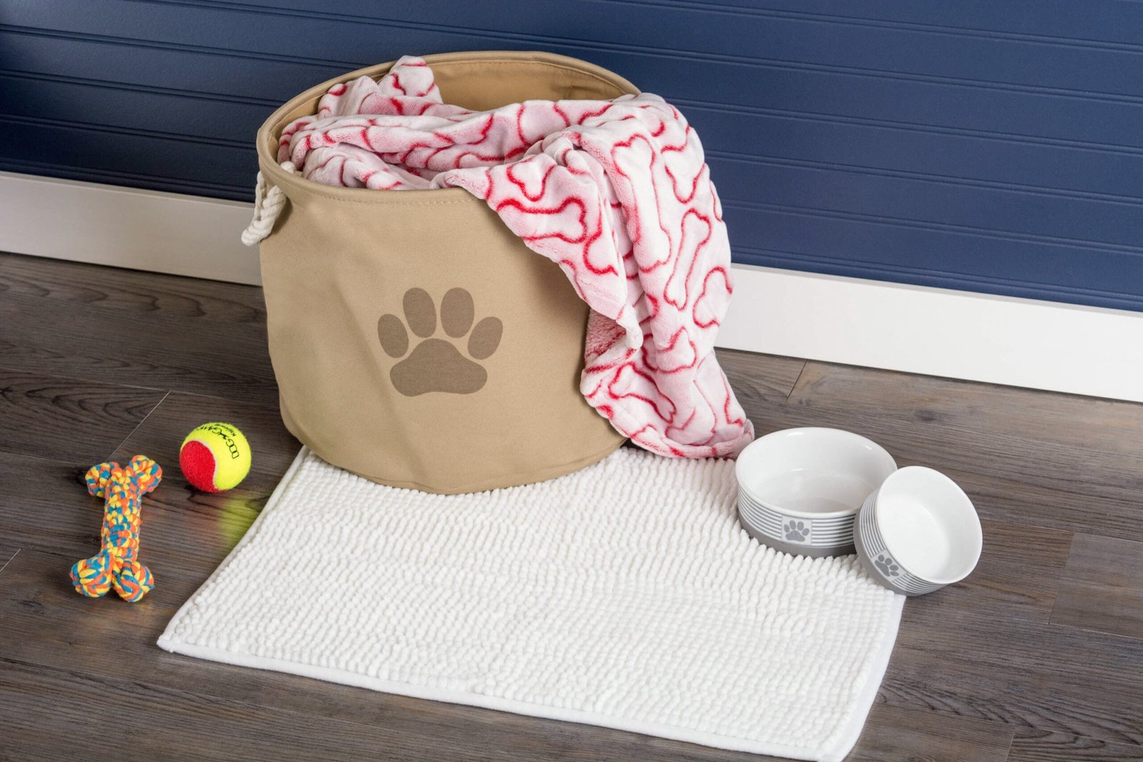 bone dry collapsible pet storage bin, paw print, taupe, small round 12x9"